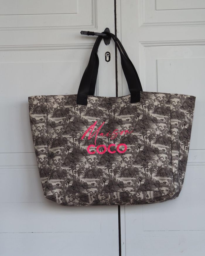 Le CABAS toile de jouy MAISON COCO broderie ROSE FLUO