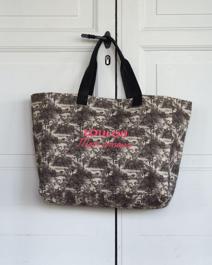 Le CABAS toile de jouy LOULOU mon amour broderie ROSE FLUO