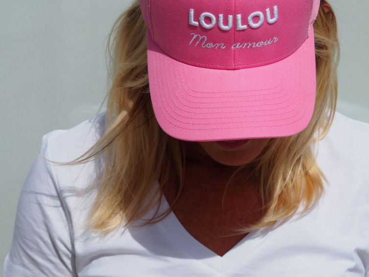 TSHIRT COL V BLANC / ROSE FLUO LOULOU MON AMOUR