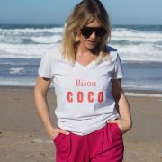 T-SHIRT COL V BLANC  BISOU COCO TANGERINE