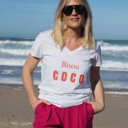 T-SHIRT COL V BLANC  BISOU COCO TANGERINE