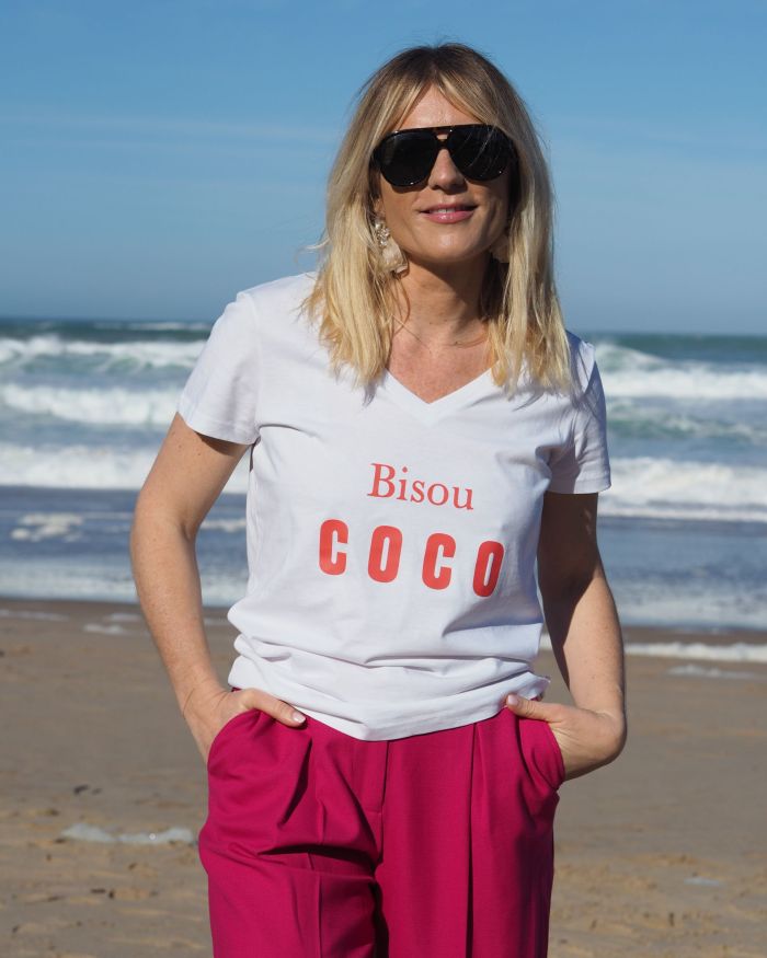 T-SHIRT COL V BLANC  BISOU COCO TANGERINE