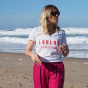 T-SHIRT COL V BLANC LOULOU MON AMOUR TANGERINE