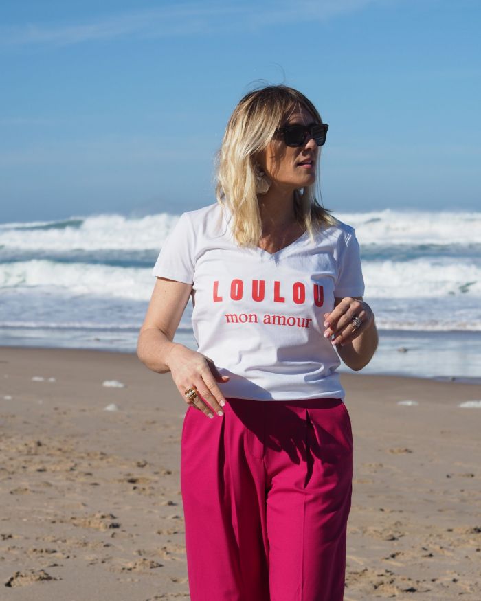 T-SHIRT COL V BLANC LOULOU MON AMOUR TANGERINE