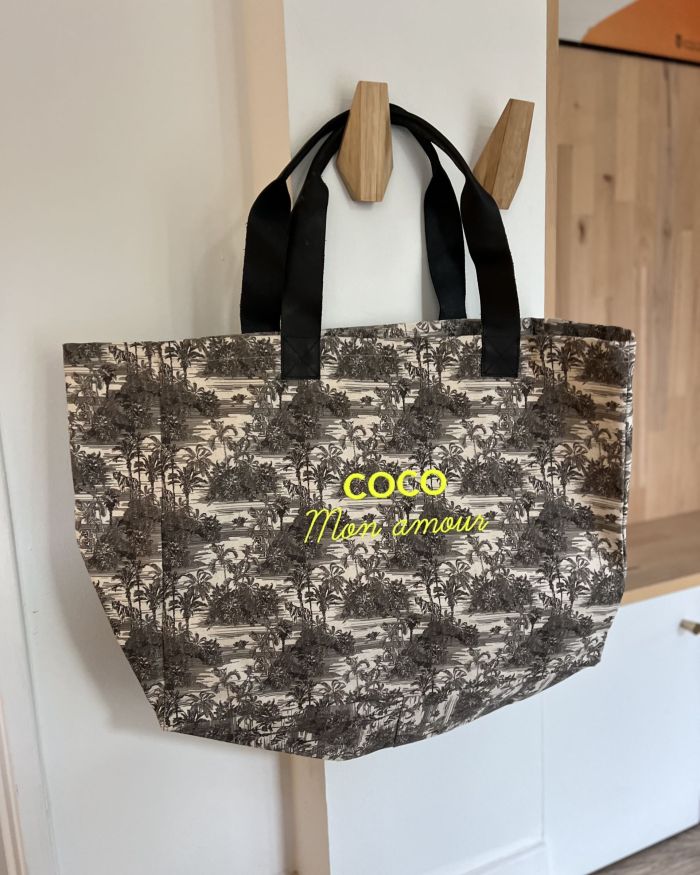 Le CABAS toile de jouy COCO mon amour broderie jaune fluo