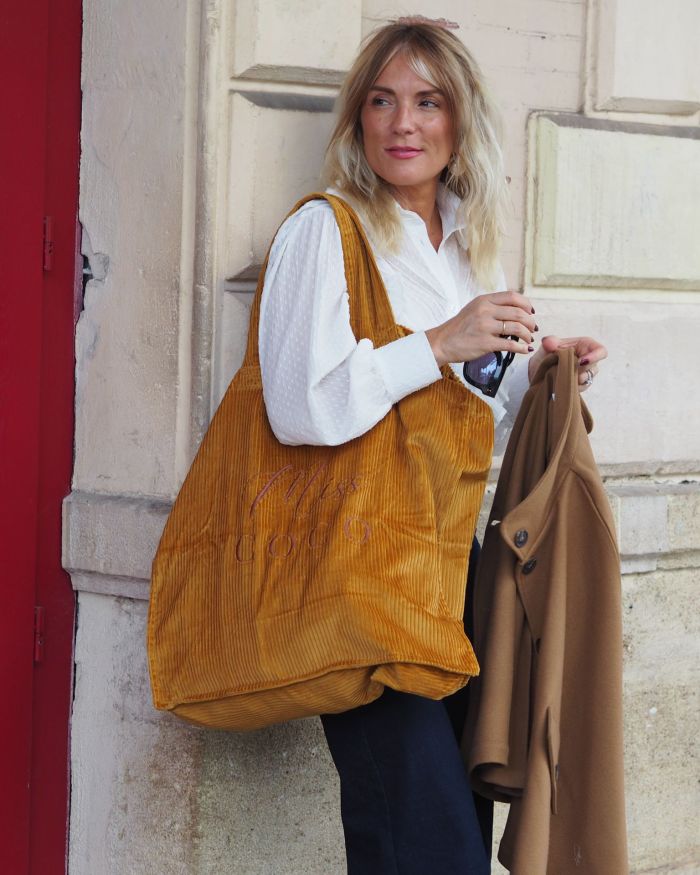 Cabas velours XXL Safran Miss COCO broderie Chocolat