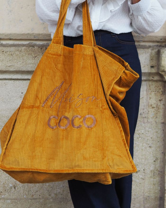 Cabas velours XXL Safran Maison COCO broderie Chocolat