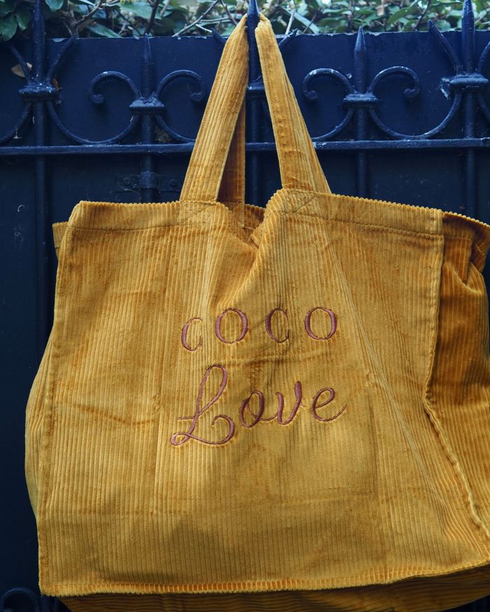 Cabas velours XXL Safran COCO LOVE broderie Chocolat