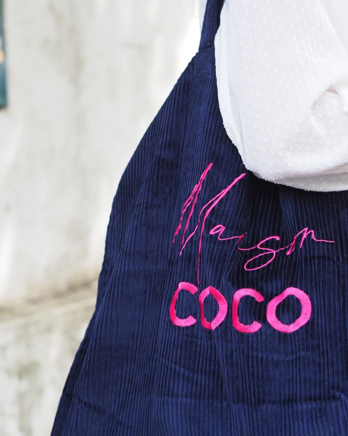 Cabas velours XXL Navy Maison COCO broderie framboise