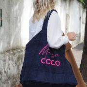 Cabas velours XXL Navy Maison COCO broderie framboise