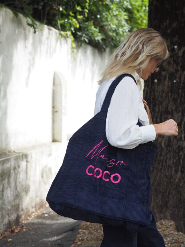 Cabas velours XXL Navy Maison COCO broderie framboise
