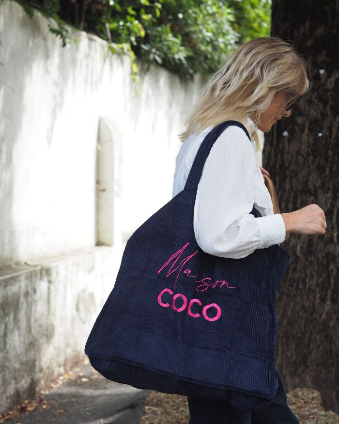 Cabas velours XXL Navy Maison COCO broderie framboise