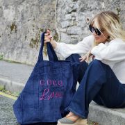 Cabas velours XXL Navy COCO LOVE broderie framboise