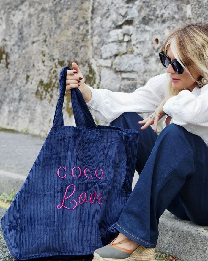 Cabas velours XXL Navy COCO LOVE broderie framboise