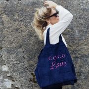 Cabas velours XXL Navy COCO LOVE broderie framboise
