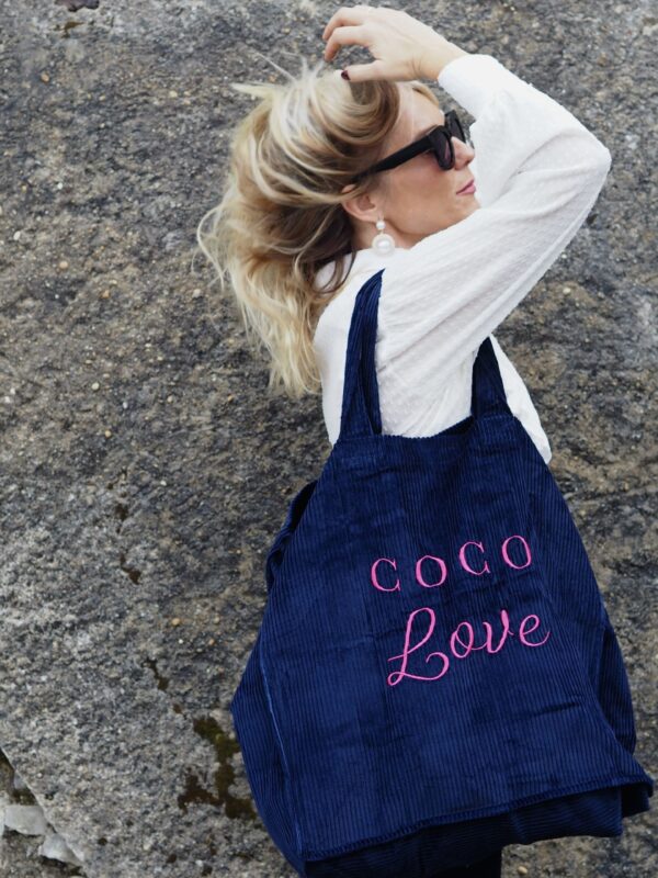 Cabas velours XXL Navy COCO LOVE broderie framboise