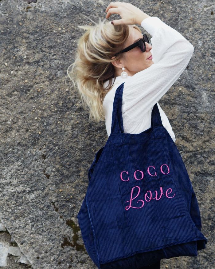 Cabas velours XXL Navy COCO LOVE broderie framboise