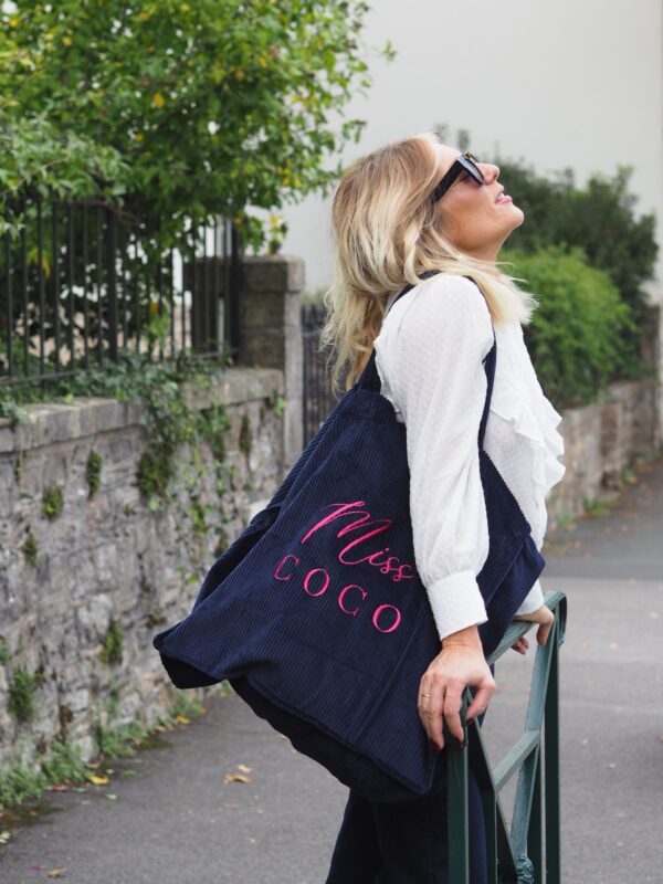 Cabas velours XXL Navy Miss COCO broderie framboise