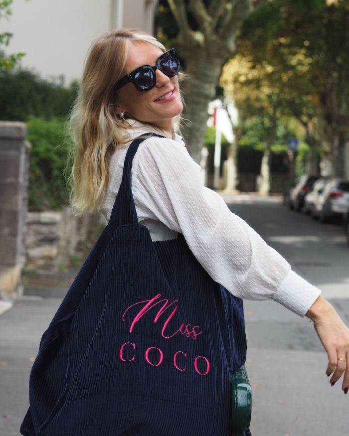 Cabas velours XXL Navy Miss COCO broderie framboise