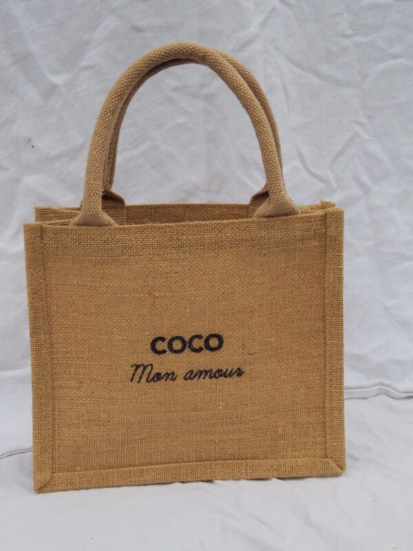 MINI JUTE TOTE WITH GLITTER, "COCO MON AMOUR," black with glitter