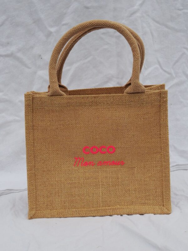MINI JUTE TOTE WITH GLITTER, "COCO MON AMOUR," Neon Pink